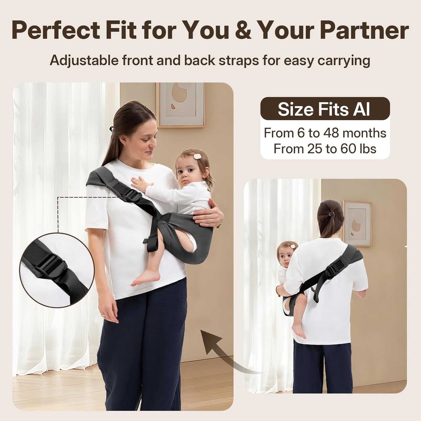 Toddler Carrier for 25-60 lbs,Comfortable&Lightweight Baby Sling Carrier,Adjustable with Left/Right Shoulder Straps,One Size Fits All,Ideal for Shopping and Travel-Grey
