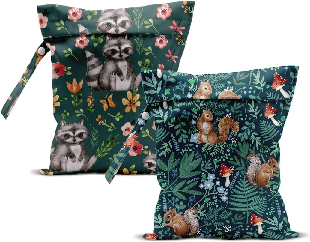 2Pcs Squirrel Wet Bag 12x10 Inch, Plants Waterproof Reusable Wet Dry Bag, Flowers Washable Travel Laundry Bags for Swimsuit Pool Beach Diapers Dirty Yoga Gym Clothes, Raccoon Gifts for Women Friend