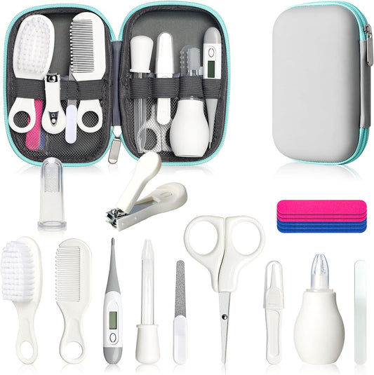Baby Healthcare and Grooming Kit, Baby Safety Care Set, Baby Electric Nail Trimmer Set Newborn Nursery Health Care Set for Newborn Infant Toddlers Baby Boys Girls Kids (Grey White-18 Kits)