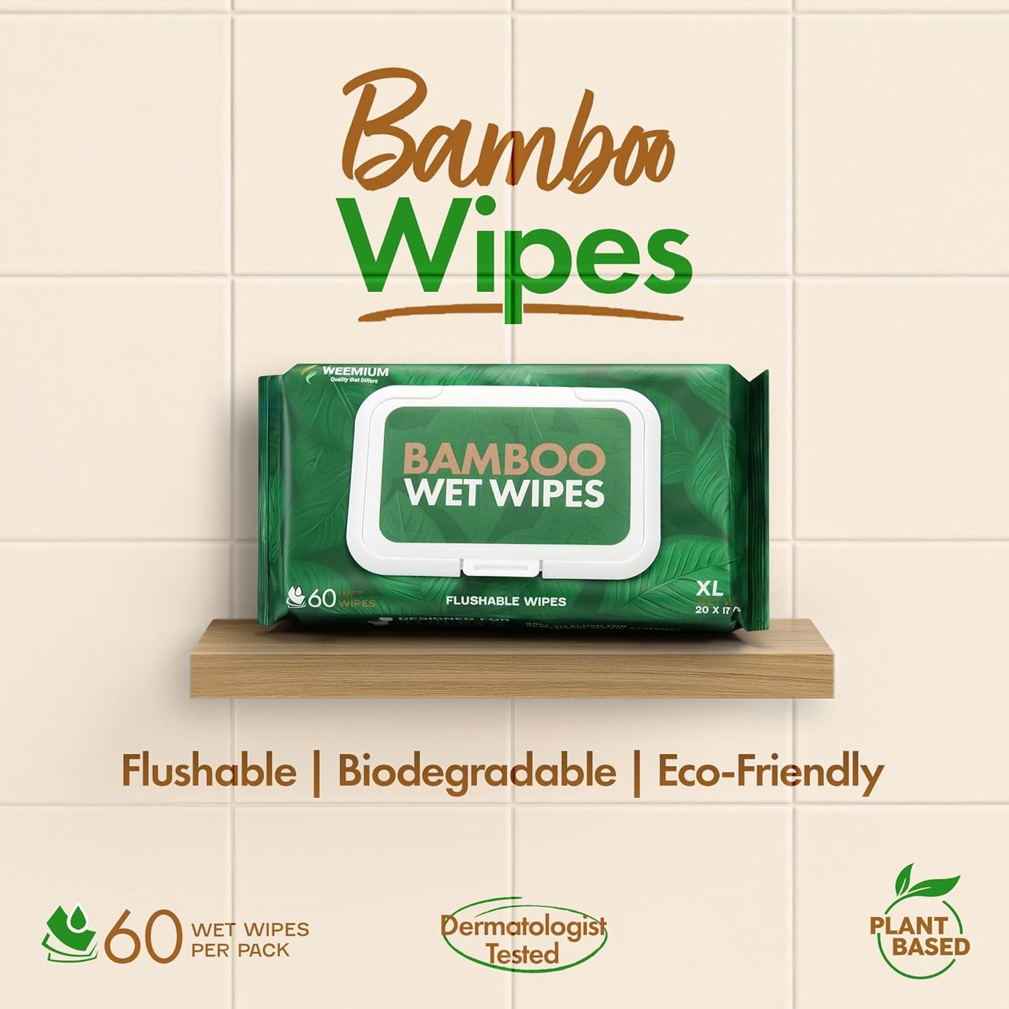 Weemium Bamboo Wipes – Pack of 4 (240 XL Flushable Wipes) – Organic, Tree-Free, FSC Certified & Septic Safe – 99% Water, Unscented & Sensitive Skin Safe – Biodegradable, Compostable & Eco Friendly