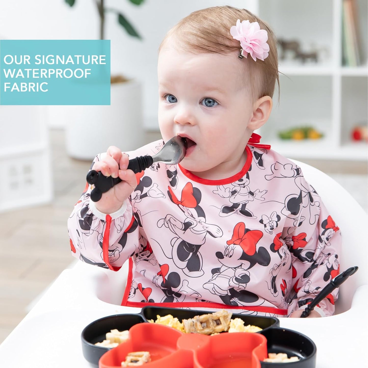 Bumkins Disney Bibs, Baby and Toddler Girls and Boys 6-24 Months, Long Sleeve, Essential Must Have for Eating, Feeding, Mess Saving Lightweight Waterproof Fabric Sleeved Smock, Minnie Mouse Classic