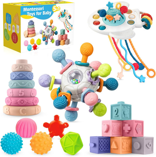 SpringFlower 0-3-6-12 Months Baby Toys, 5 in 1 Montessori Toys for Babies, Teething Toy & Stacking Building Block & Ring & Silicone Pull String, Sensory Development Baby Infant Toy, Gift for Babies
