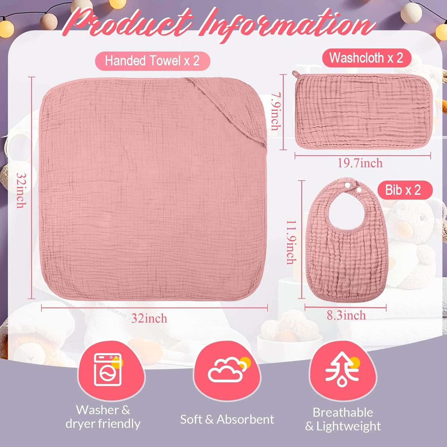 6 Pcs Muslin Hooded Bath Towels Washcloths and Bibs Set, Muslin Cotton Baby Towels Absorbent Hooded Blanket Towel Infant Bibs for Boys Girls Newborn Infant Essentials(Pink, Brown)