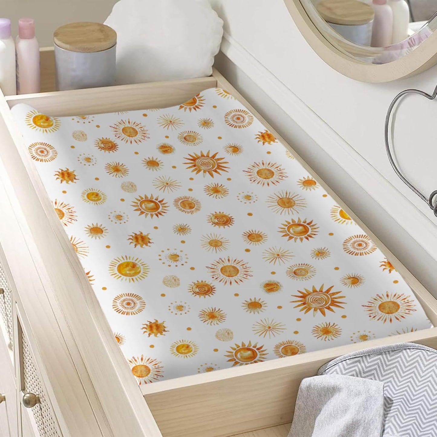 Watercolor Suns Totem Changing Pad Covers Boho Sunshine Diaper Changing Table Sheets for Girl Boy Golden Suns Soft Breathable Stretchy Snug Fitted Baby Changing Pad Table Mats 32''x16''