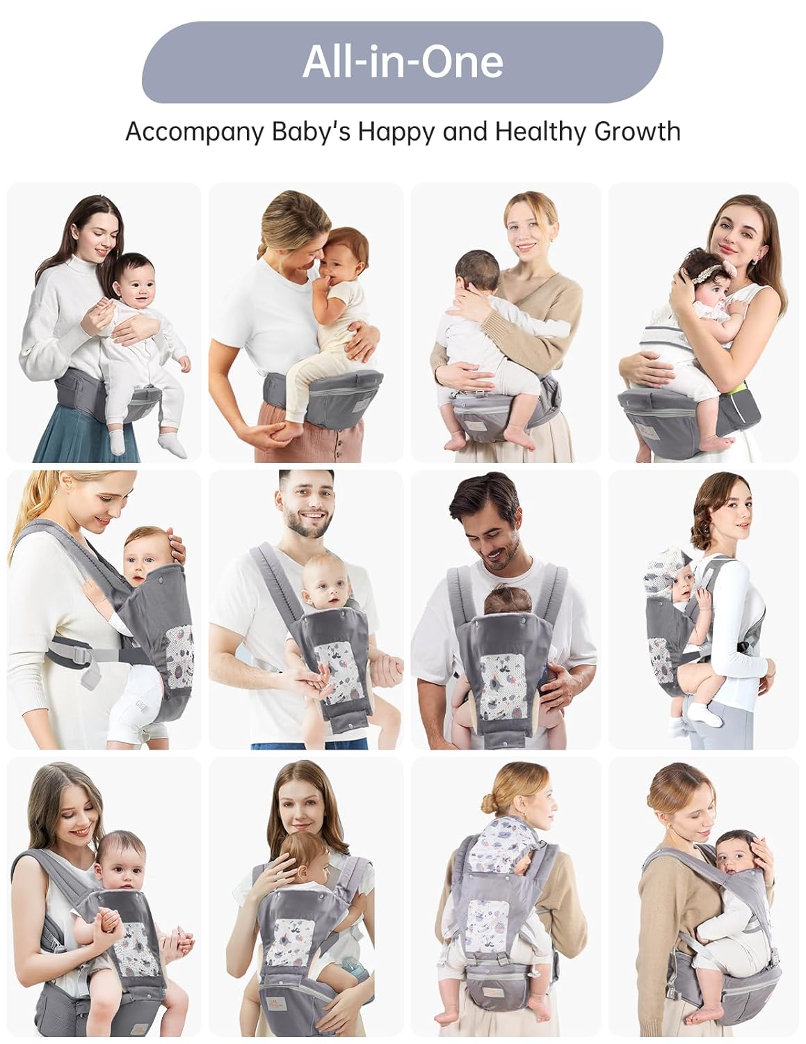 Baby Carrier with Hip Seat, 6 in 1 Baby Carrier Newborn to Toddler, Adjustable Infant Carrier with Hood, All Seasons & All Position Baby Holder Carrier for 0-36 Months