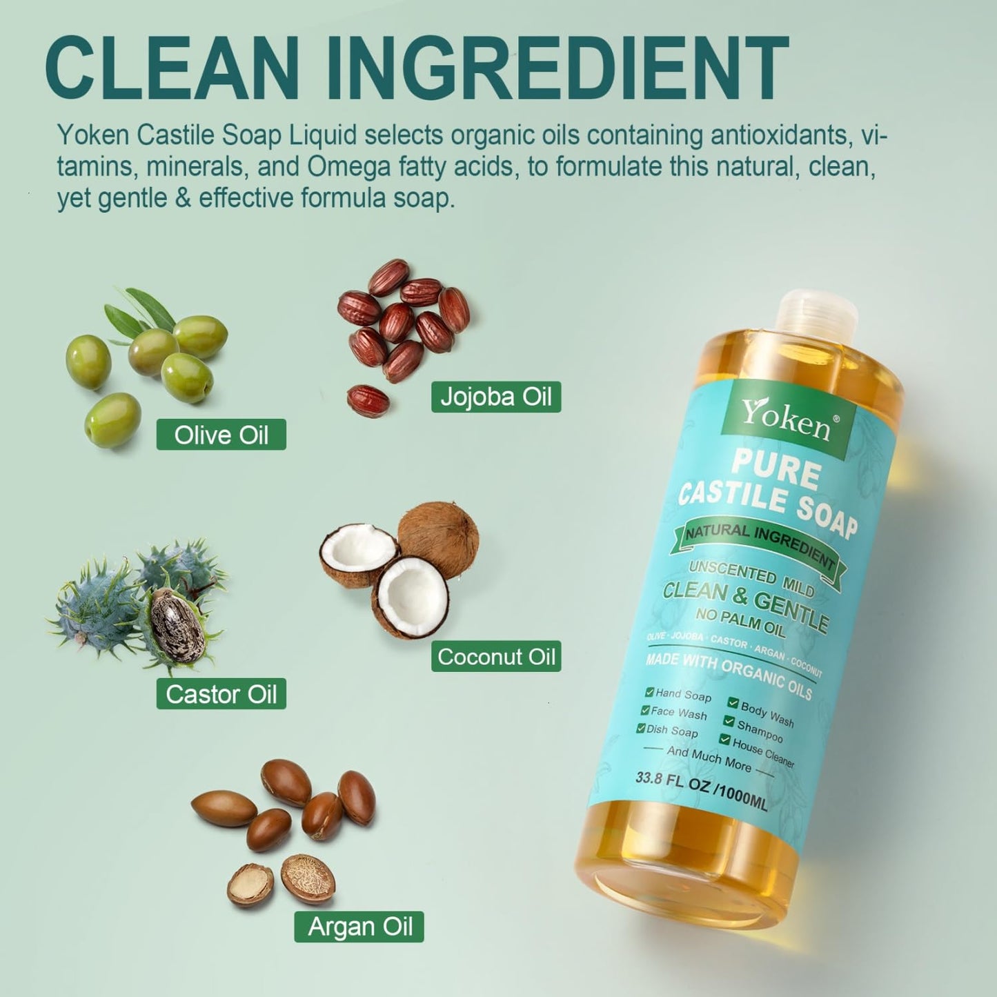 EWG Verified Castile Soap Liquid Unscented 33.8 fl oz Pure Castile Liquid Cleanser Made With Organic Oil, Clean & Gentle, Natural Castor Oil Soap for Body Wash, Hand, Dishes, Laundry