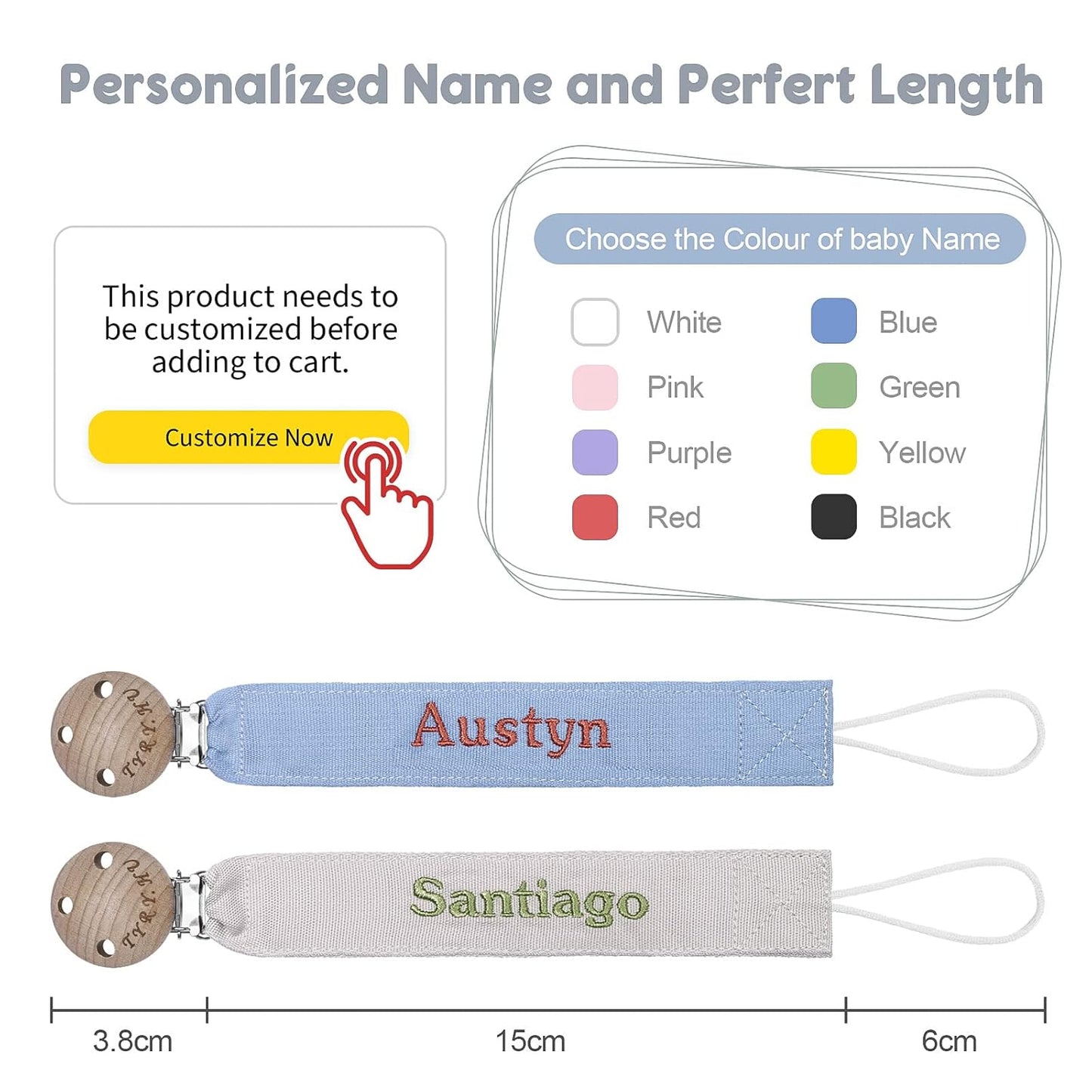 TYRY.HU Personalized Pacifier Clip with Name, Embroidery Webbing Pacifier Holder for Baby Girls and Boys, Neutral Pacifier Leash Universally Fit All Pacifiers & Baby Toys, 2 Pack Baby Gift(Grey, Blue)