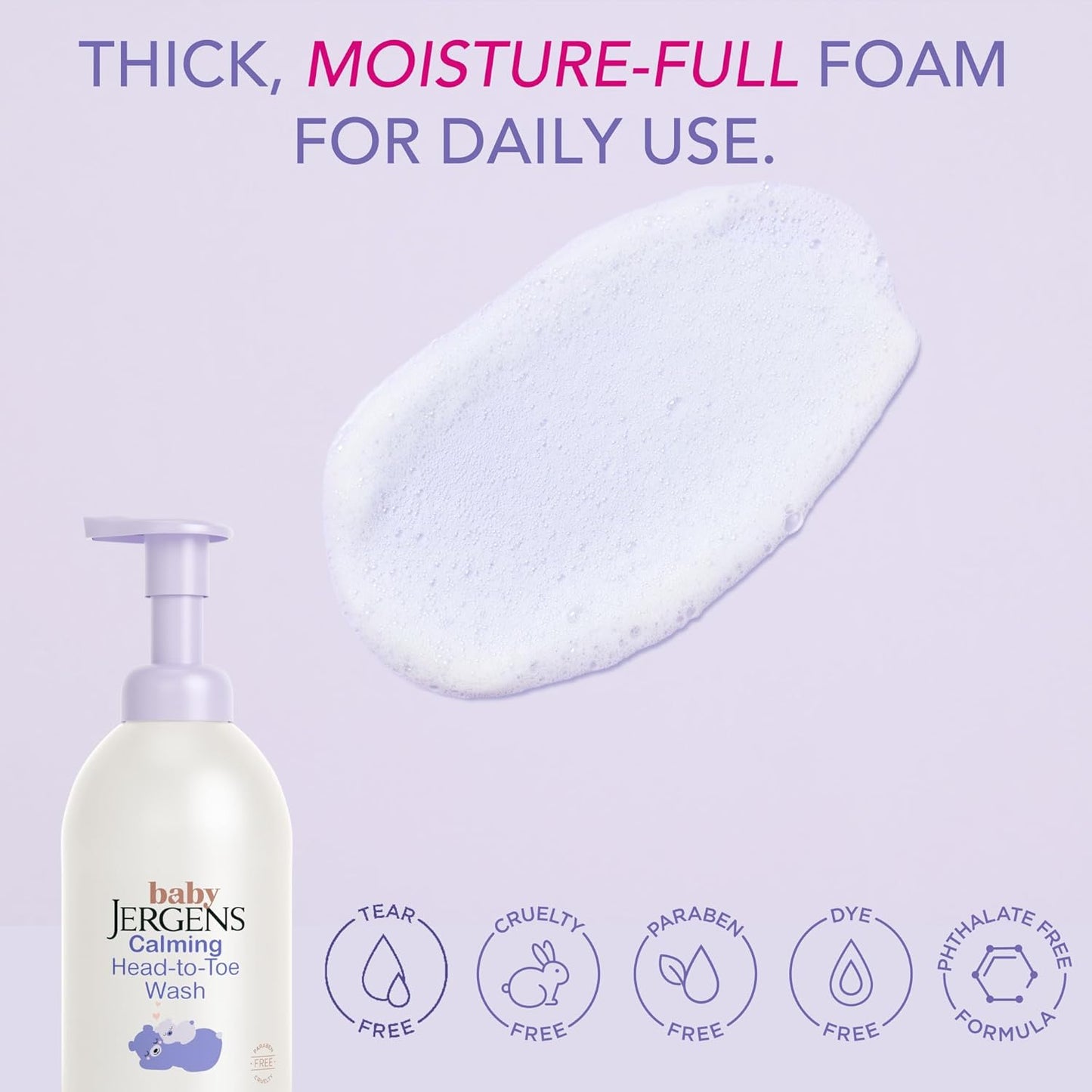 Jergens Baby Calming Head to Toe Foaming Wash, Baby Shampoo and Body Wash, Shampoo Tear Free, Kids Foaming Body Wash, 18 Fl Oz