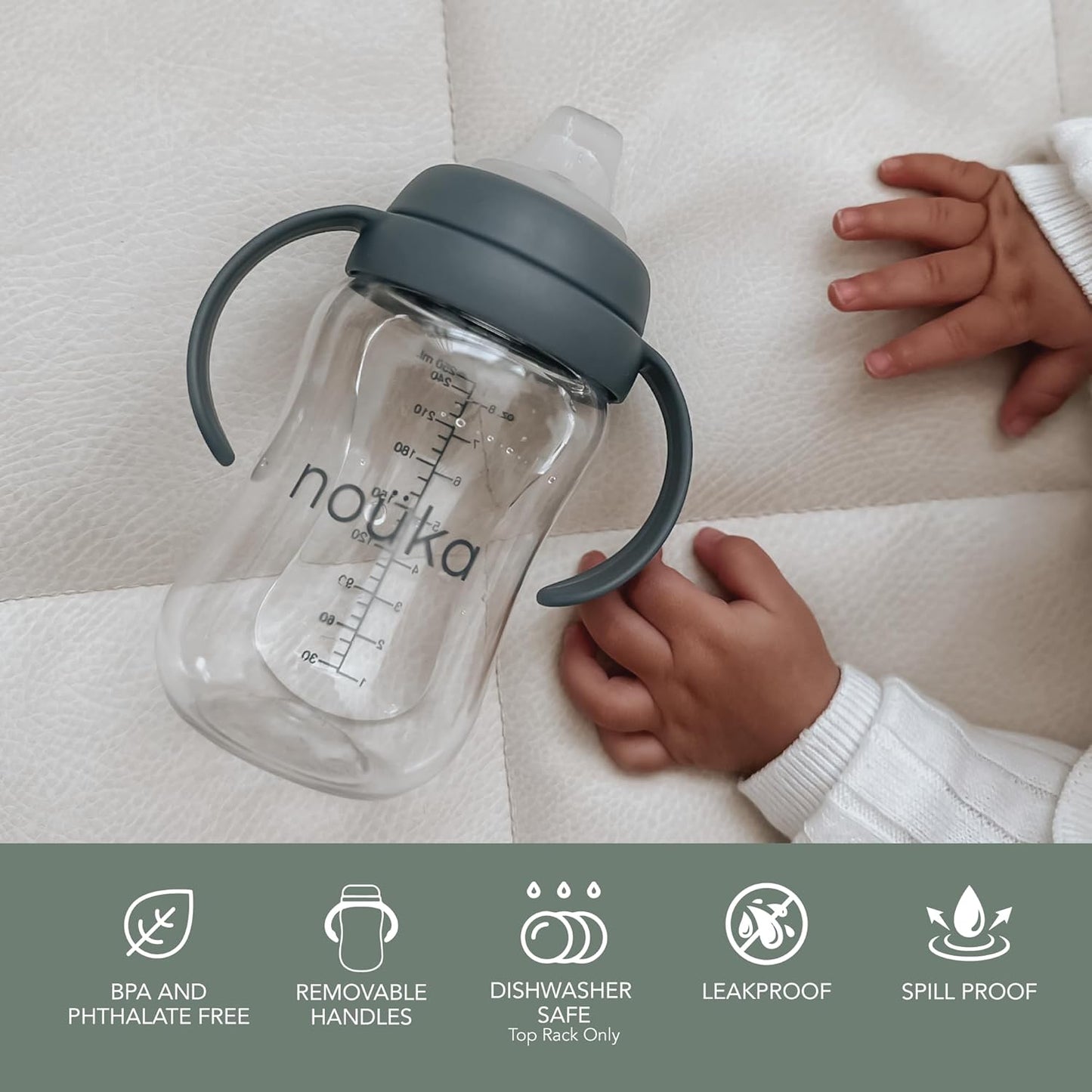 nouka Soft Spout Tritan Sippy Cup | Leak Proof and Easy Grip | Removable Handles | Soft Sand