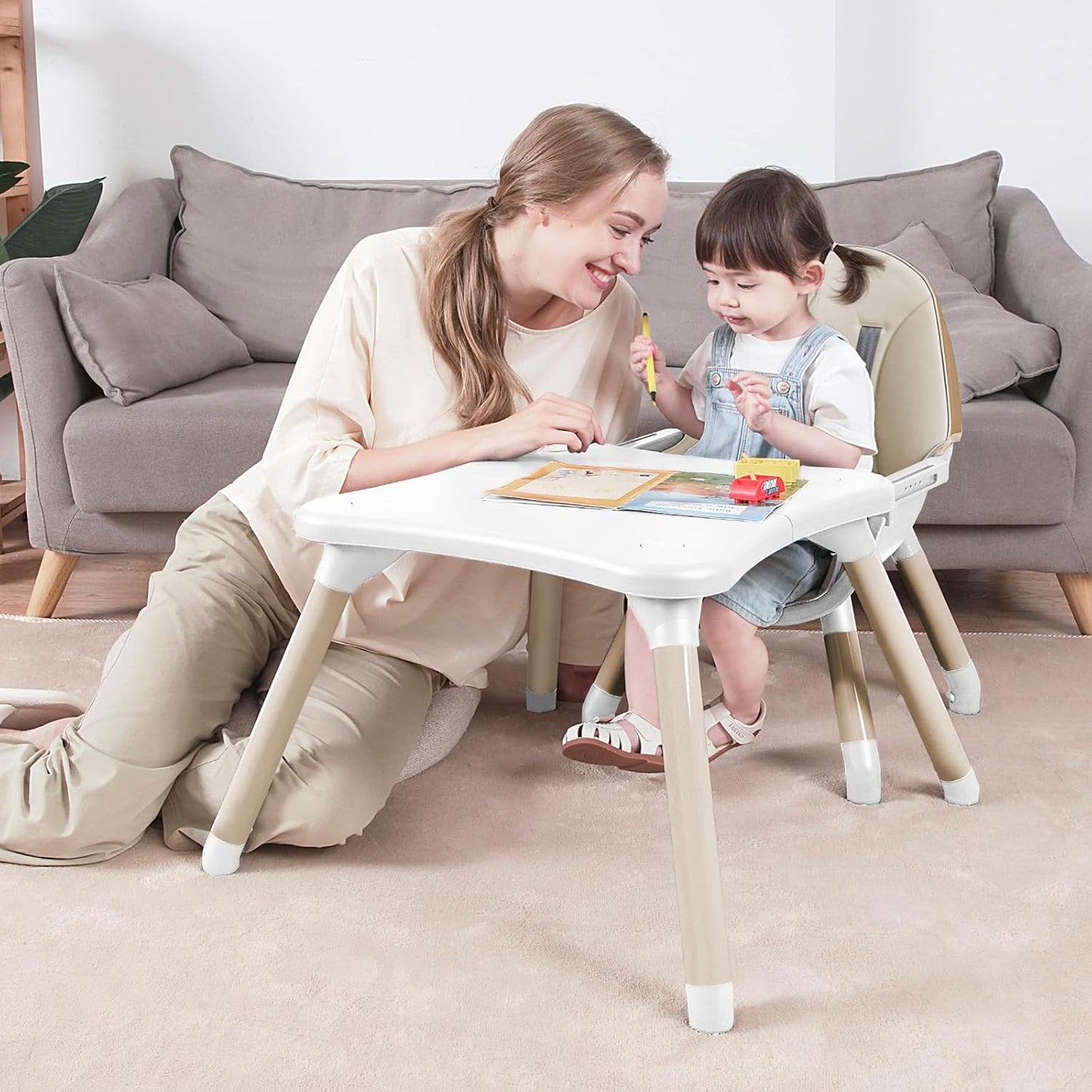 Gofirst 6 in 1 Baby High Chair,Convertible High Chairs for Babies and Toddlers/Booster Seat/Table and Chair Set,Baby Feeding Chair/5-Point Harness,4-Position Removable Tray&PU Cushion Baby Highchair