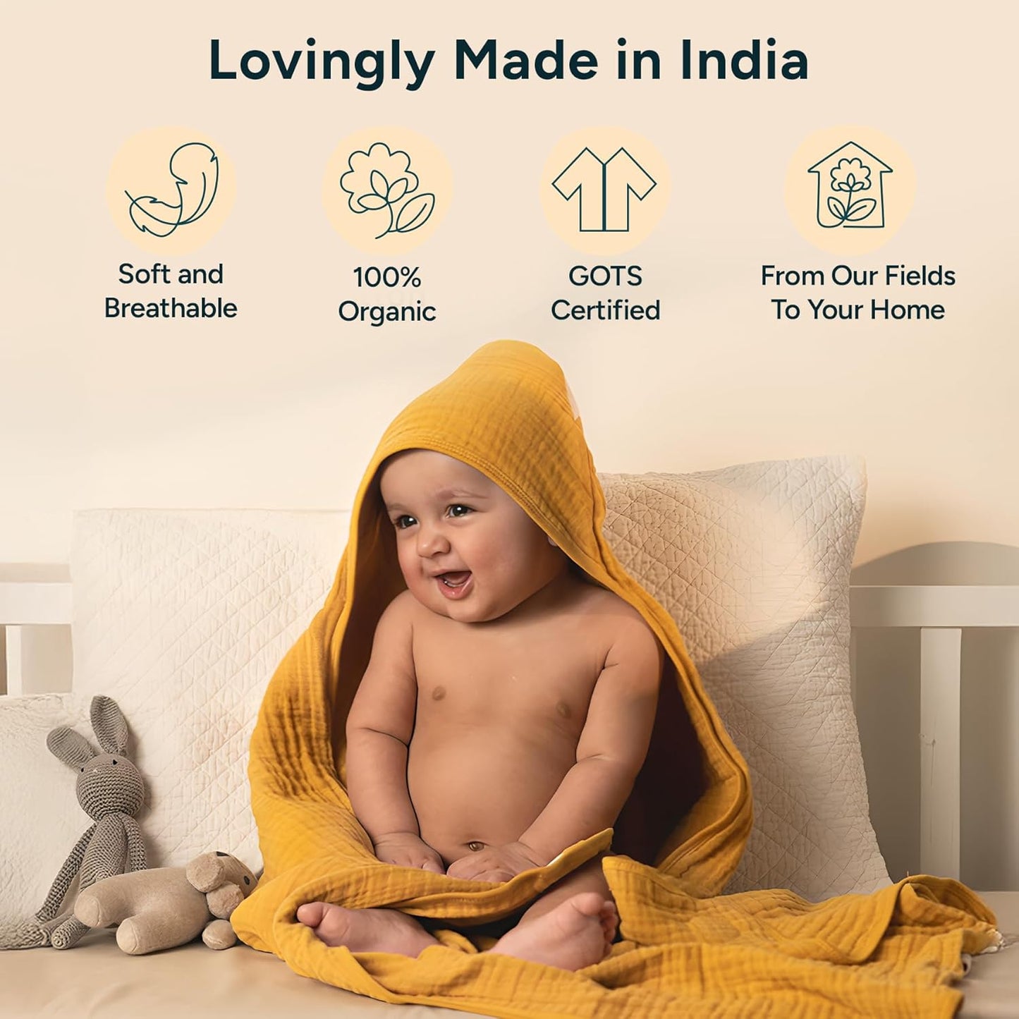 Hooded Towel - 100% Organic Premium Muslin Cotton, 30" x 30", Ultra-Absorbent, Soft, Breathable, Hypoallergenic, Multipurpose, Gifts for Babies & Infants