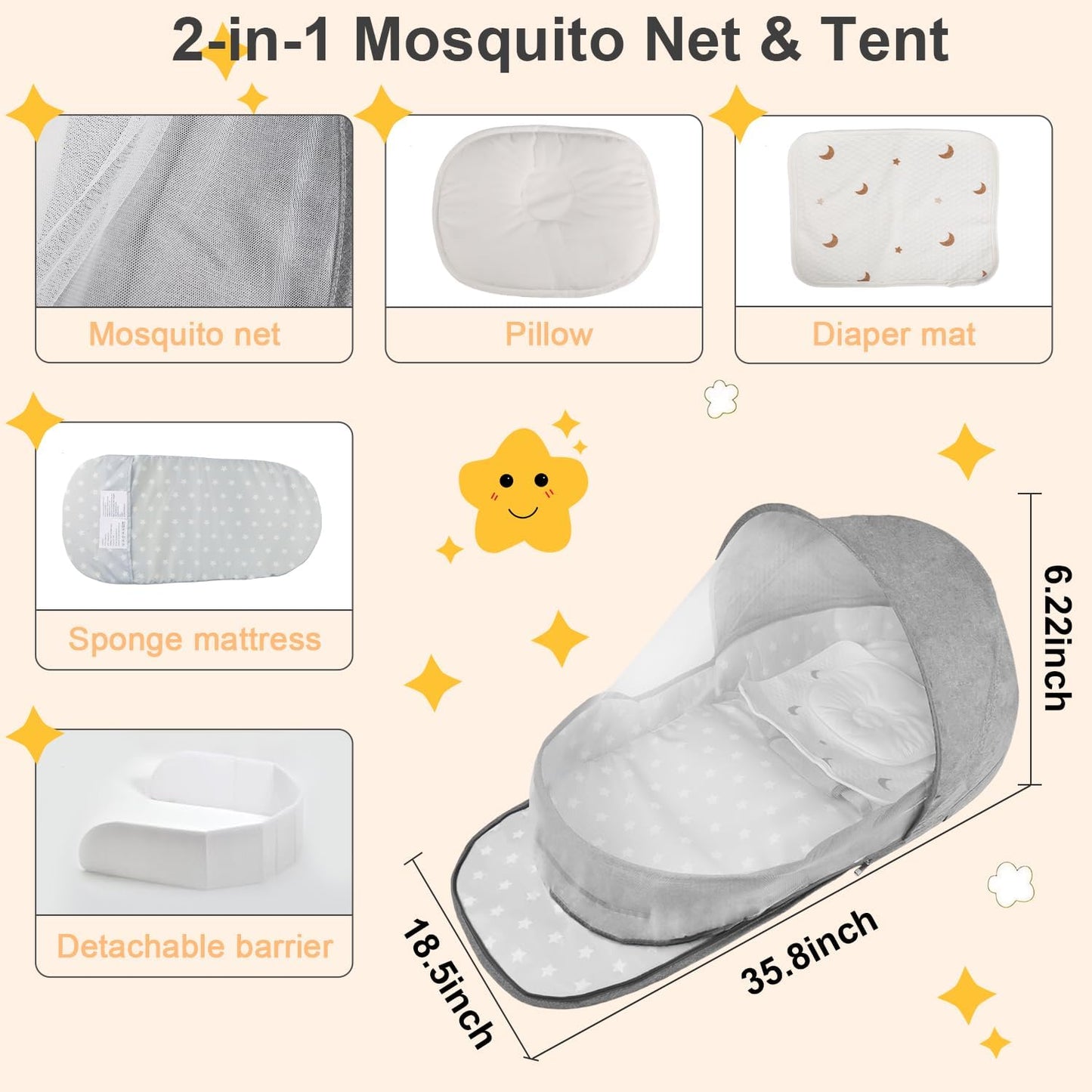 Portable Bassinet for Baby Travel & Home - Lightweight Foldable Bedside Sleeper with Breathable Mesh, Carry Bag & Storage Pocket, Compact Bassinets for Newborn Infant, Safe Cosleeping Design