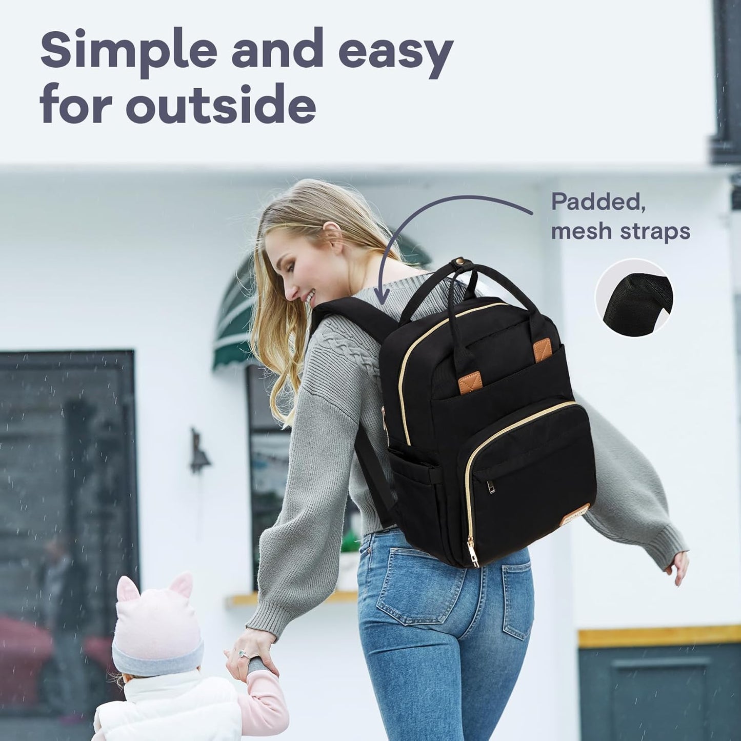 RUVALINO Diaper Bag Backpack, Multifunction Travel Pack Maternity Baby Changing Bags, Large Capacity, Waterproof, Deep Black, Polyester