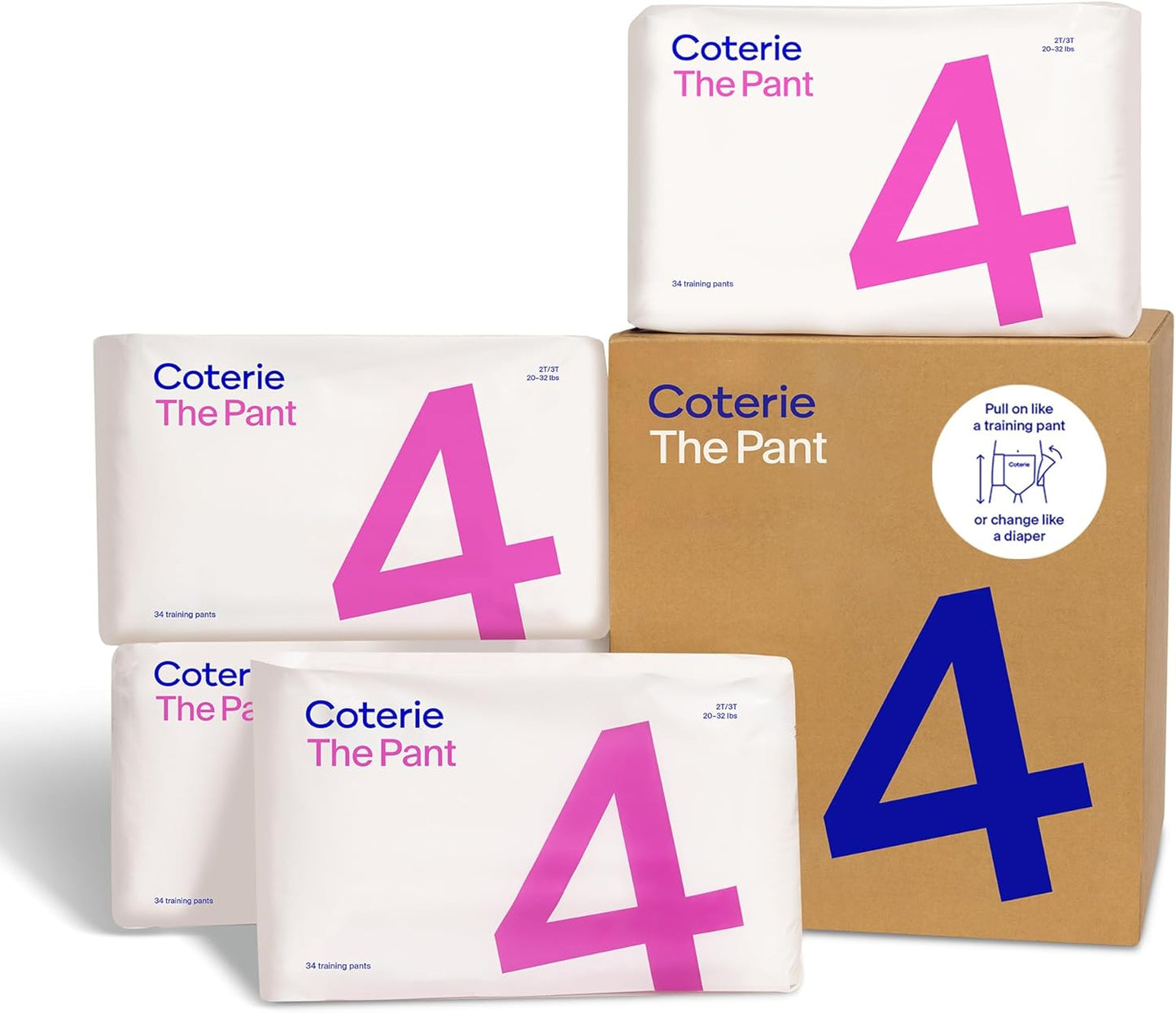 Coterie The Pant, Size 4, Refastenable Training Pants for Sensitive Skin, Hypoallergenic, Super Absorbent Overnight Leak Protection, 2T/3T (20-32 lbs) 136 Count