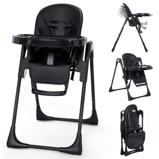 Kinder King Convertible High Chair for Babies & Toddlers, Adjustable Baby Feeding High Chair with Removable Double Tray, Simple Compact Fold for Space-Saving, 2 Built-in Wheels, Easy to Clean, Black