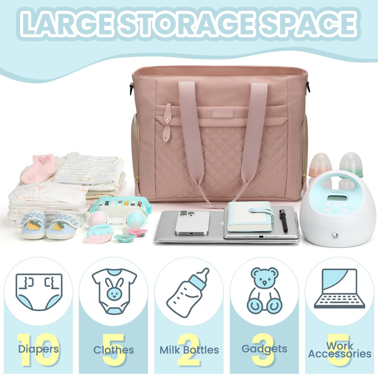 Diaper Bag Tote for Working Mom, Large Travel Diaper Tote for Mom and Dad with 14 Inch Laptop Sleeve, Mommy Maternity Travel Baby Bag for Boys and Girls, Pink