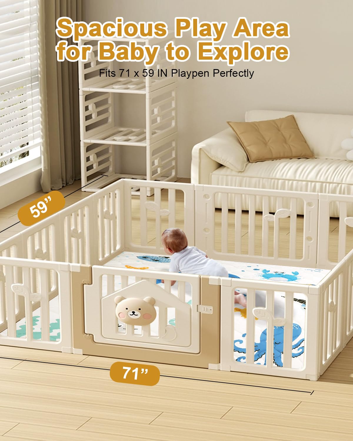Premium Foam Baby Play Mat 71x59 – Removable & Machine Washable Cover, Extra Thick Padding Playpen Mat, Non-Slip Crawling Mat, Easy to Clean for Infants, Toddlers & Babies