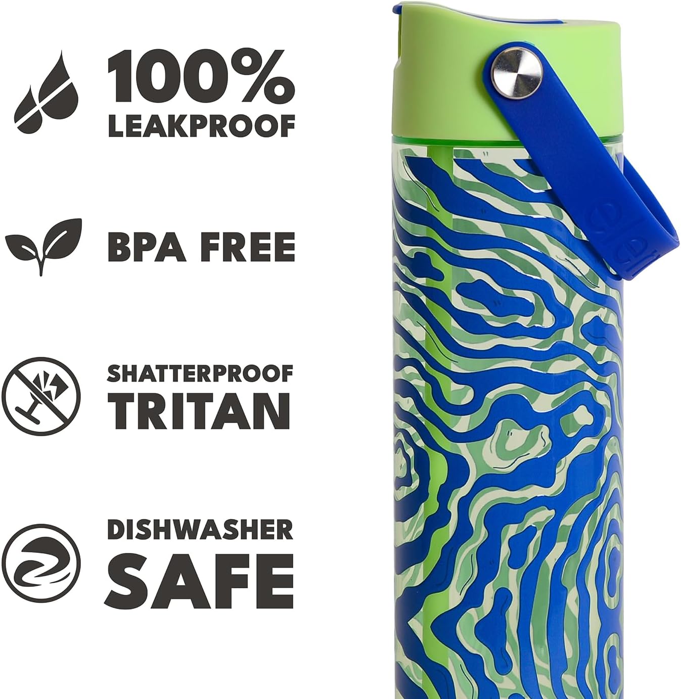 Elemental Splash Water Bottle with Straw - BPA-Free Tritan Plastic Reusable Water Bottle with Strap - Ideal for Travel, Gym and Sports - Leak Proof when Spout is Closed - 26oz - Aqua Waves