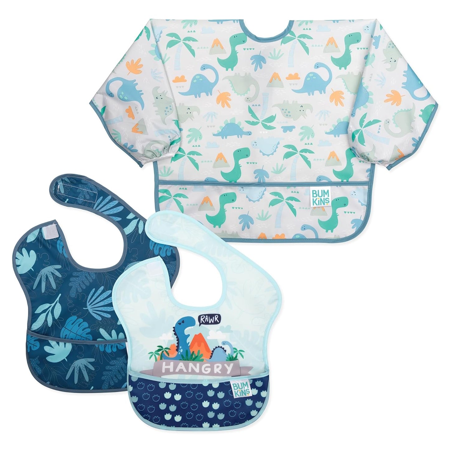 Bumkins - SuperBibs + Sleeved Bib - For Boys & Girls, Babies & Toddlers 6-24 Months - Lightweight, Durable, Waterproof - Catch-All Pocket - Wipeable & Machine Washable - Always Hangry Dinosaur -3 Pack