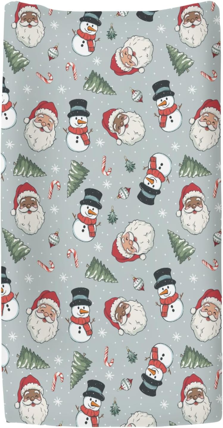 Cute Santa Claus Christmas Trees Baby Changing Pad Covers for Boy Girl Red Santa Snowman Candy Fitted Changing Table Cover Mats Winter Holiday Festive Soft Diaper Change Table Cover Sheets 32''×16''