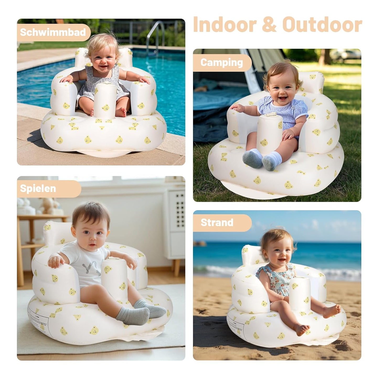 Inflatable Baby Seat, Inflatable Baby Chair for Babies 3 Months and Up, Summer Blow Up Chair with Built in Air Pump, Infant Floor Seats for Learning to Sit, Palying, Camping, Bear Head