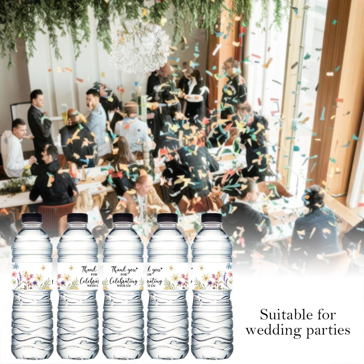 100PCS Wedding Water Bottle Labels Waterproof Greenery Floral Wraps Sticker for Water Bottle Baby Shower Bottle Label for Bridal Shower Party Thanks（Wildflowers）