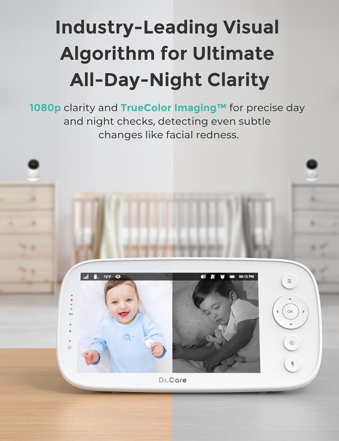 Dr.Care NovaView Video Baby Monitor with 2 Cameras - 5" 1080P Split Screen Display, 5000mAh Battery, Night Vision, Real-Time/VOX, 2X/4X Zoom, Pan & Tilt, 1000ft Range, 2-Way Audio, No WiFi