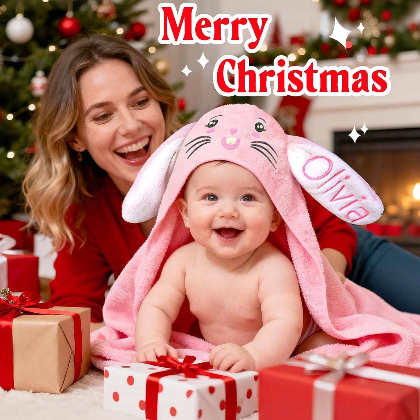 Custom Hooded Bath Towel with Name, Personalized Highly Absorbent Bunny Towels, Baby Bath Towels for Girls Boys, Christmas Brithday Shower Gifts for Baby, Toddler, Newborn (Pink)