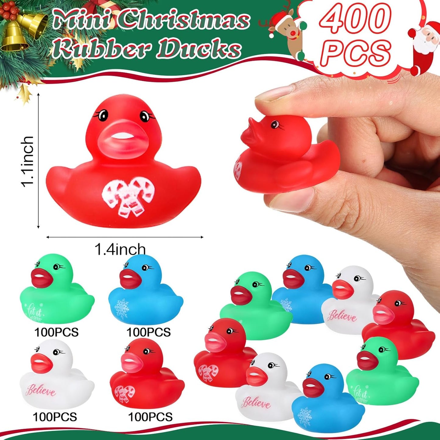 400 Pcs Christmas Rubber Ducks Assorted Rubber Duckies Bulk Xmas Mini Pool Bath Toy Ducks Small Tiny Ducky for Christmas Party Favors Classroom Exchange Gifts