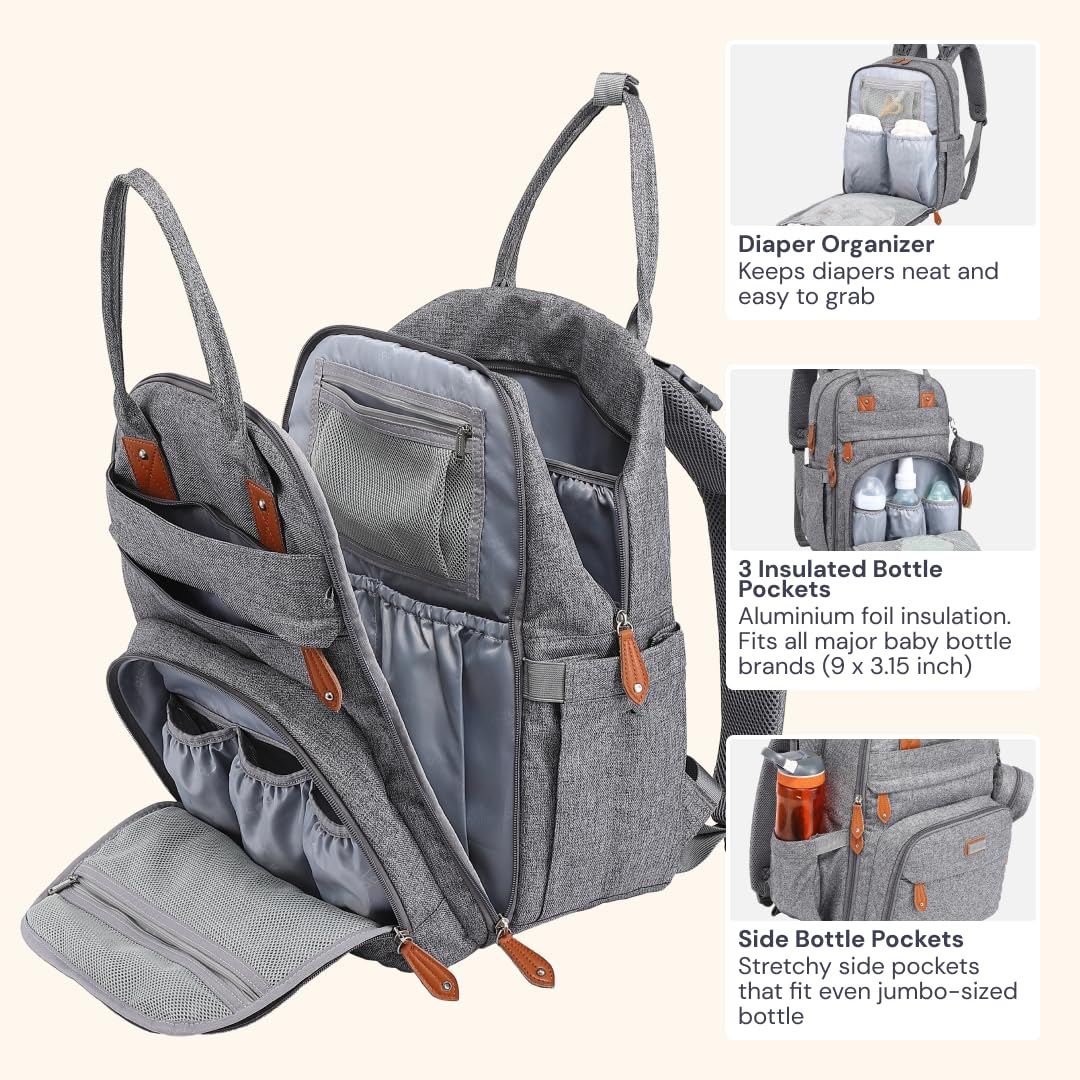 BabbleRoo Diaper Bag Backpack - Baby Essentials Travel Tote - Multi Function Water Resistant Diaper Bag, Travel Essentials Baby Bag with Changing Pad, Stroller Straps & Pacifier Case - Light Gray