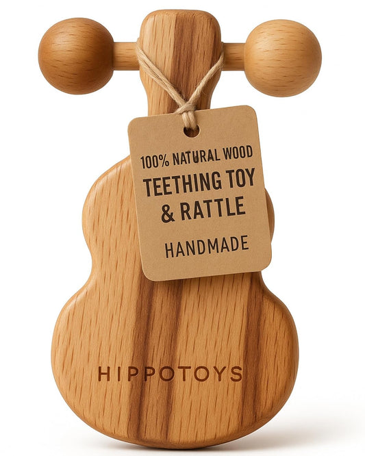 HippoToys Baby Teether – USA’s First Real Natural Wooden Teething Toys for Babies 0–18 Months – Calm Wooden Rattle – No Paint No Plastic No Toxins - Safe Baby Gift