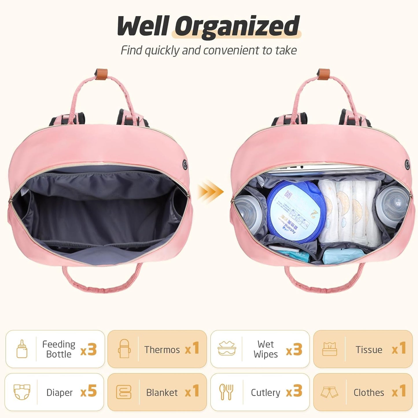 Diaper Bag Backpack - Extra Large Diaper Bag for 2 Kids Twin, Travel Baby Bags for Mom Dad 25-37L Expandable with Changing Pad Earphone Hole, Solid Pink