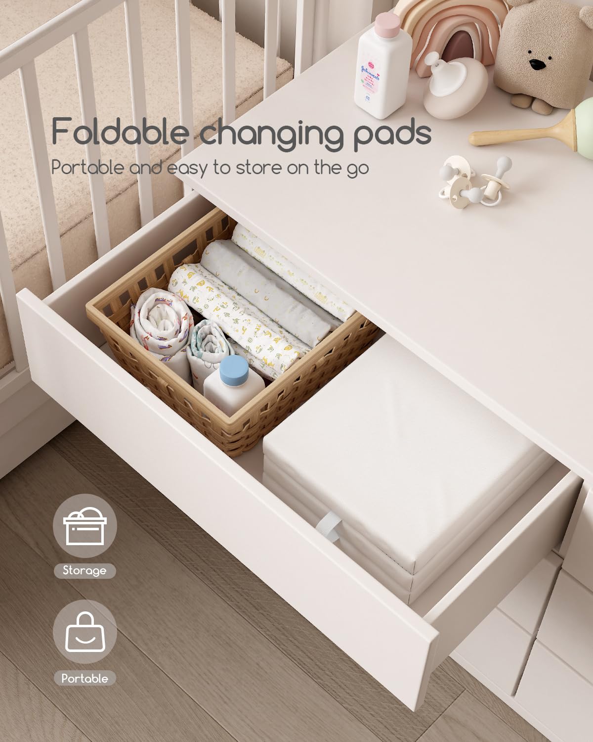 Portable Baby Changing Pad with Vegan Leather Cover, Standard Side Waterproof & Wipeable Changing Pad for Toddler, Flat Foam Travel Diaper Changing Pad for Dresser and Table, White