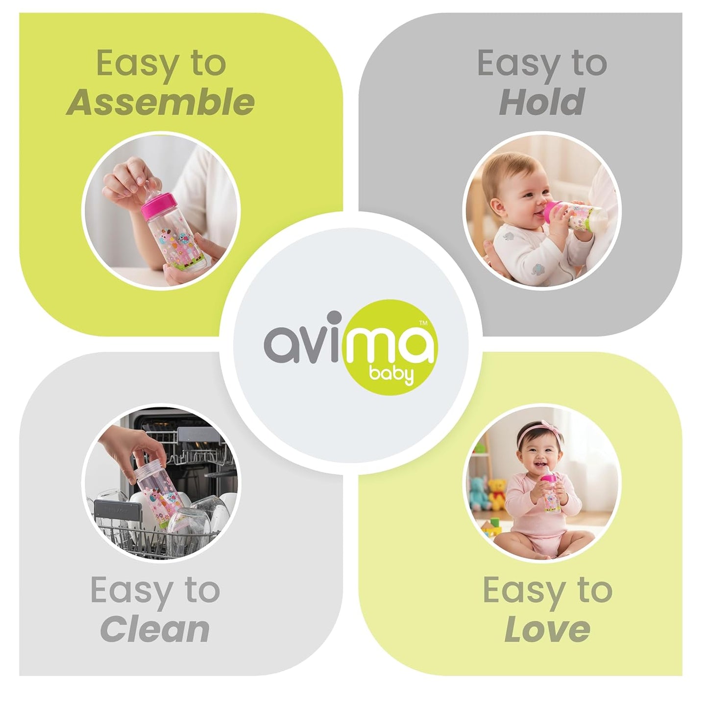 Avima 9 oz Anti Colic Baby Bottles for Breastfed Babies - Medium Flow Nipples, Wide Neck Bottle, BPA Free - 3-6 Months, Stage 2 (Set of 3) Pink Baby Bottles - Giraffes