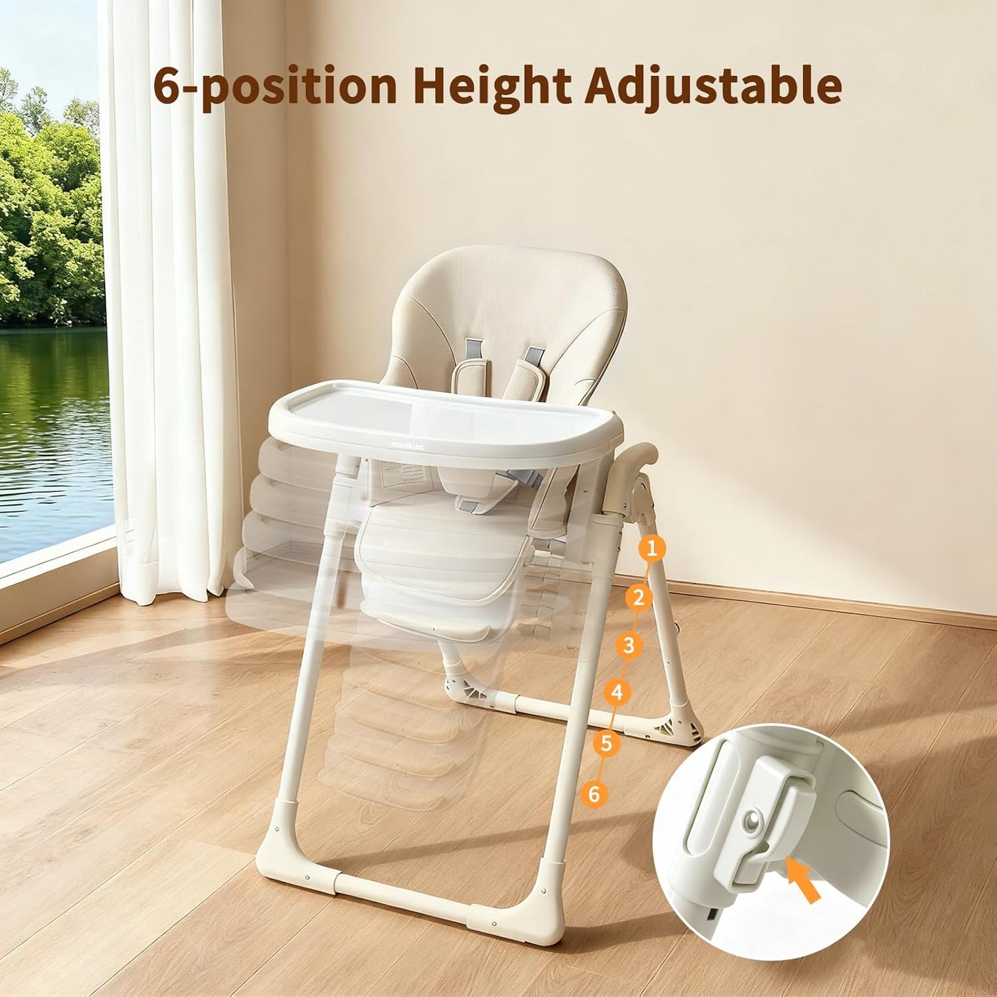 High Chair, Foldable High Chairs for Babies and Toddlers, Adjustable Height, Backrest and Footrest, Removable Tray, Beige