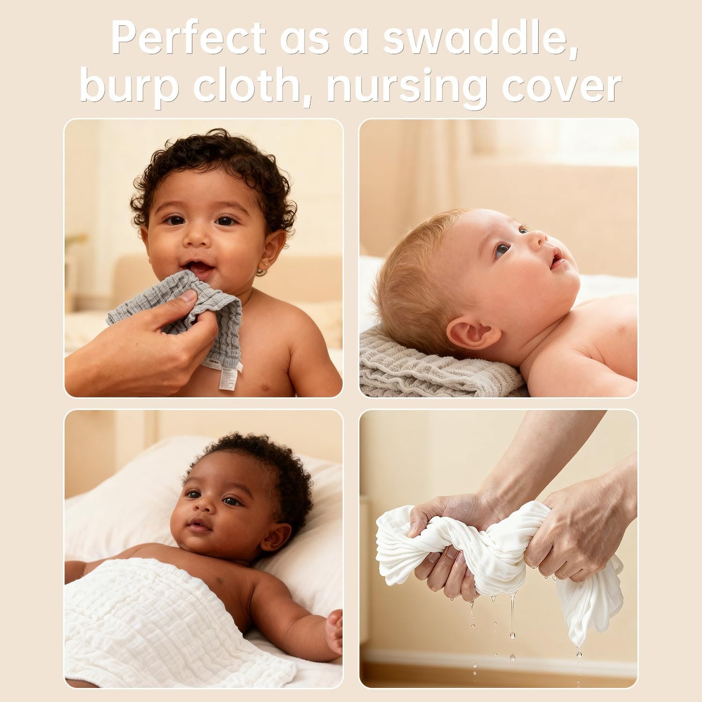 Organic Muslin Baby Washcloths 6 Pack Baby Bath Face Towel 12x12 Inch Extra Absorbent and Soft Burp Cloth and Wash Cloths for Newborn-Infants On Sensitive Skin (White Grey Brown)