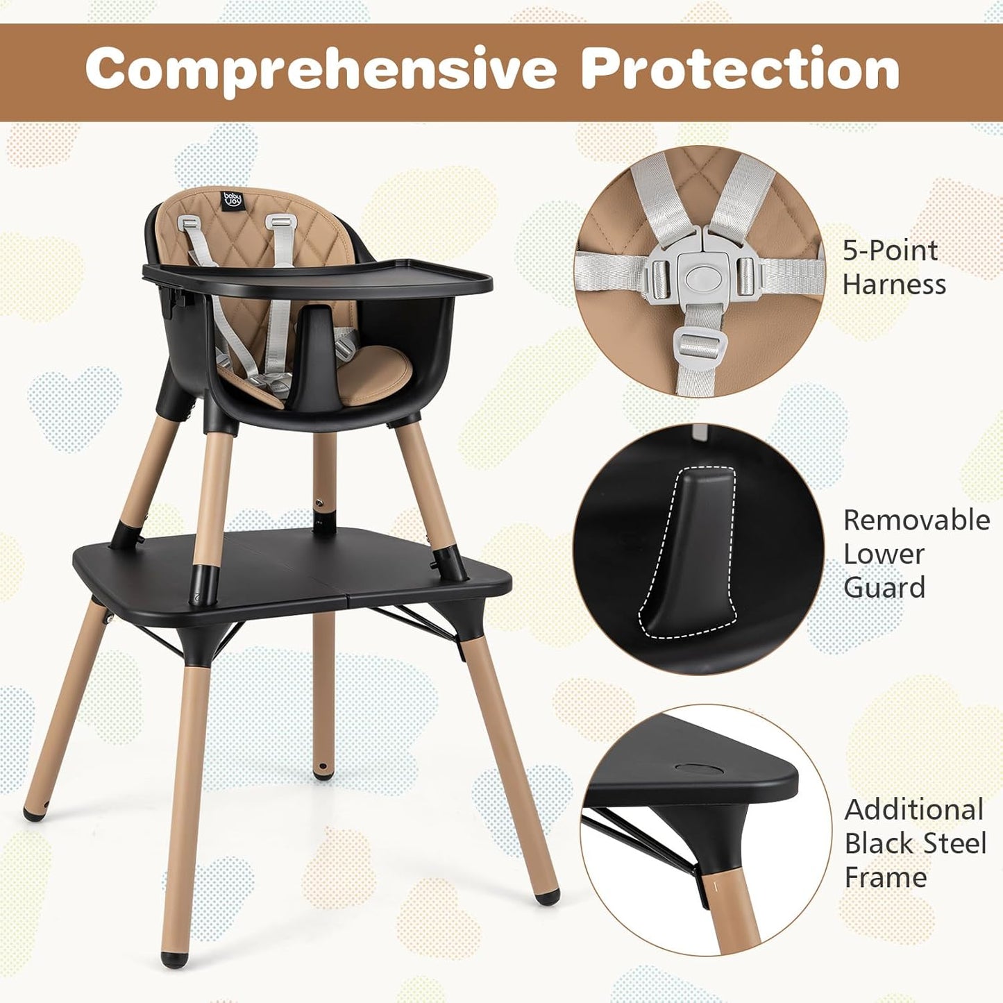 BABY JOY High Chair, 5 in 1 Convertible Highchair for Babies & Toddlers | Booster Seat | Table and Chair Set | Infant Feeding Chair with Removable Tray, Safety Harness, Removable Cushion (Brown)