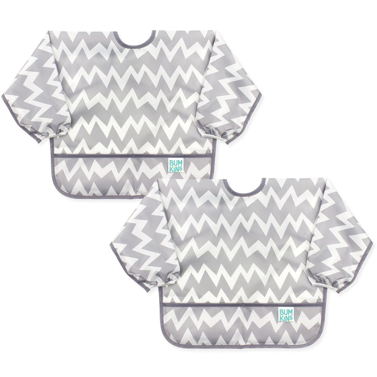 Bumkins Sleeved Bib, Waterproof Fabric, Gray Chevron, 2-pack