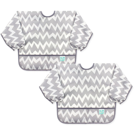 Bumkins Sleeved Bib, Waterproof Fabric, Gray Chevron, 2-pack