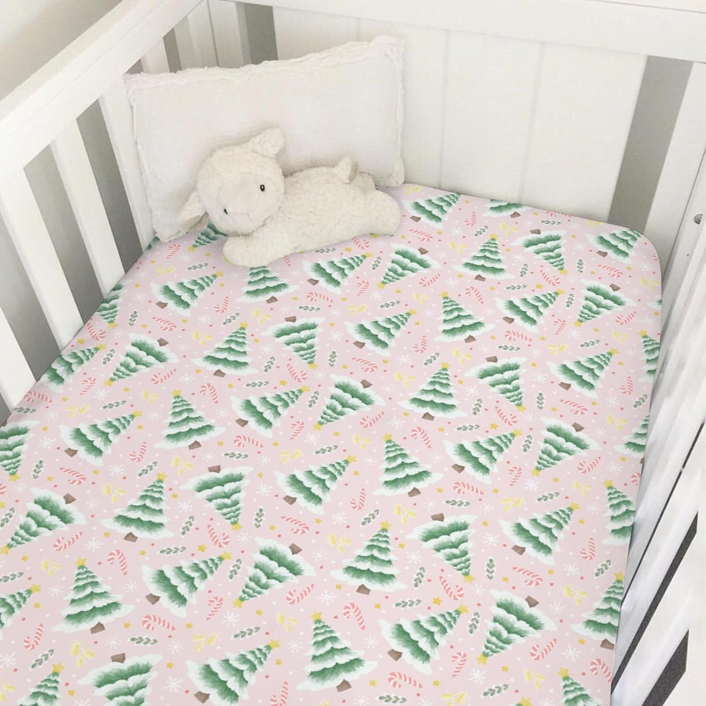 Pink Winter Forest Baby Crib Sheets 52''x28'' Christmas Trees Candy Snowflakes Snug Fitted Crib Mattress Cover for Boy Girl Green Pine Forest Soft Baby Bed Sheet for Standard Crib Toddler Mattress