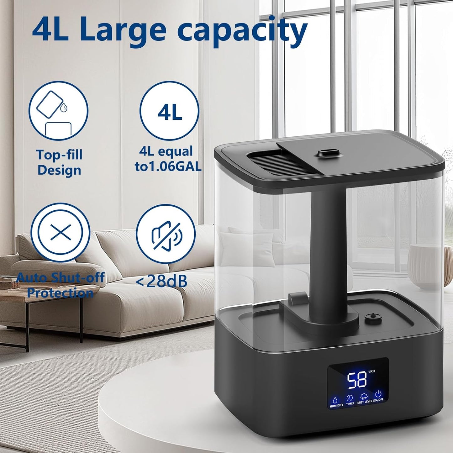 KZF 4L Top Fill Humidifiers for Bedroom & 60H Runtime - Cool Mist Humidifier, 3 Mist Levels, 8H Timer, Essential Oil Tray, Humidity Display, Quiet for Bedroom, Baby, Plants, Large Room