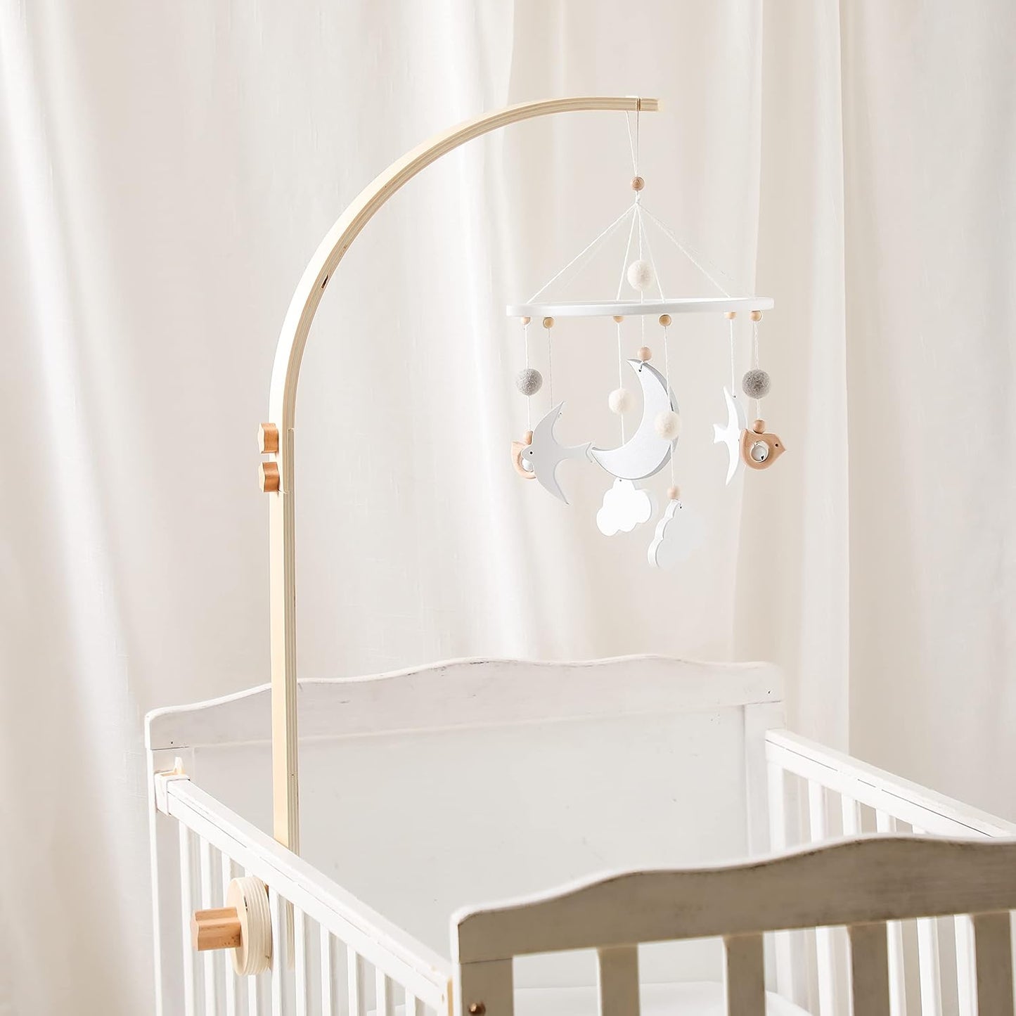 Wooden Crib Mobile Arm | Baby Crib Mobile Arm Wooden Holder | Rotatable Adjustable Anti Slip Attachment Clamp for Sturdy Mobile Hanger (Curved Arm)