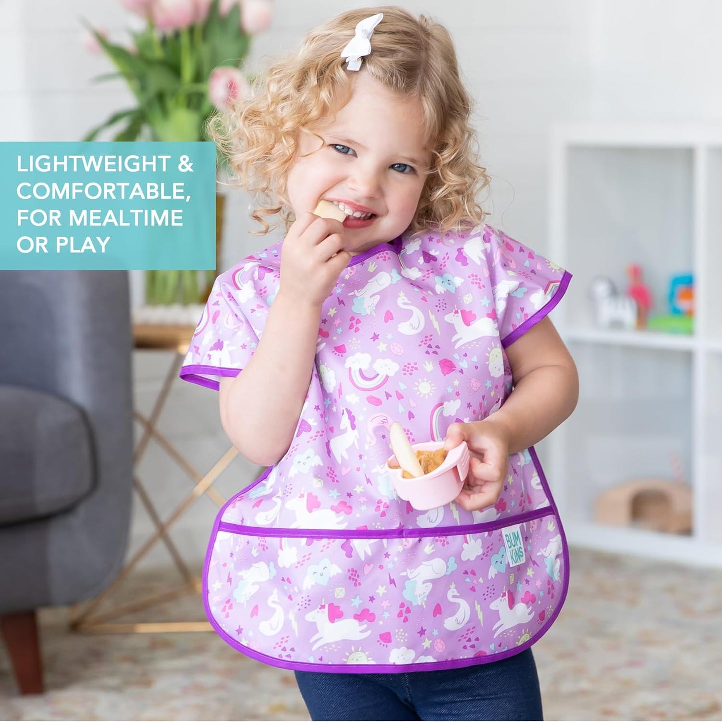 Bumkins - Junior Bib - For Boys & Girls, Toddlers & Kids 1-3 Years - Lightweight, Durable, Waterproof - Short Sleeve Bib - Catch-All Pocket - Wipeable & Machine Washable - Unicorns, 2-pack