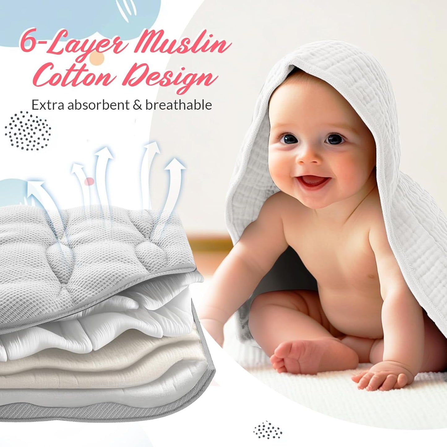 6 Pcs Muslin Hooded Bath Towels Washcloths and Bibs Set, Muslin Cotton Baby Towels Absorbent Hooded Blanket Towel Infant Bibs for Boys Girls Newborn Infant Essentials(White, Light Gray)