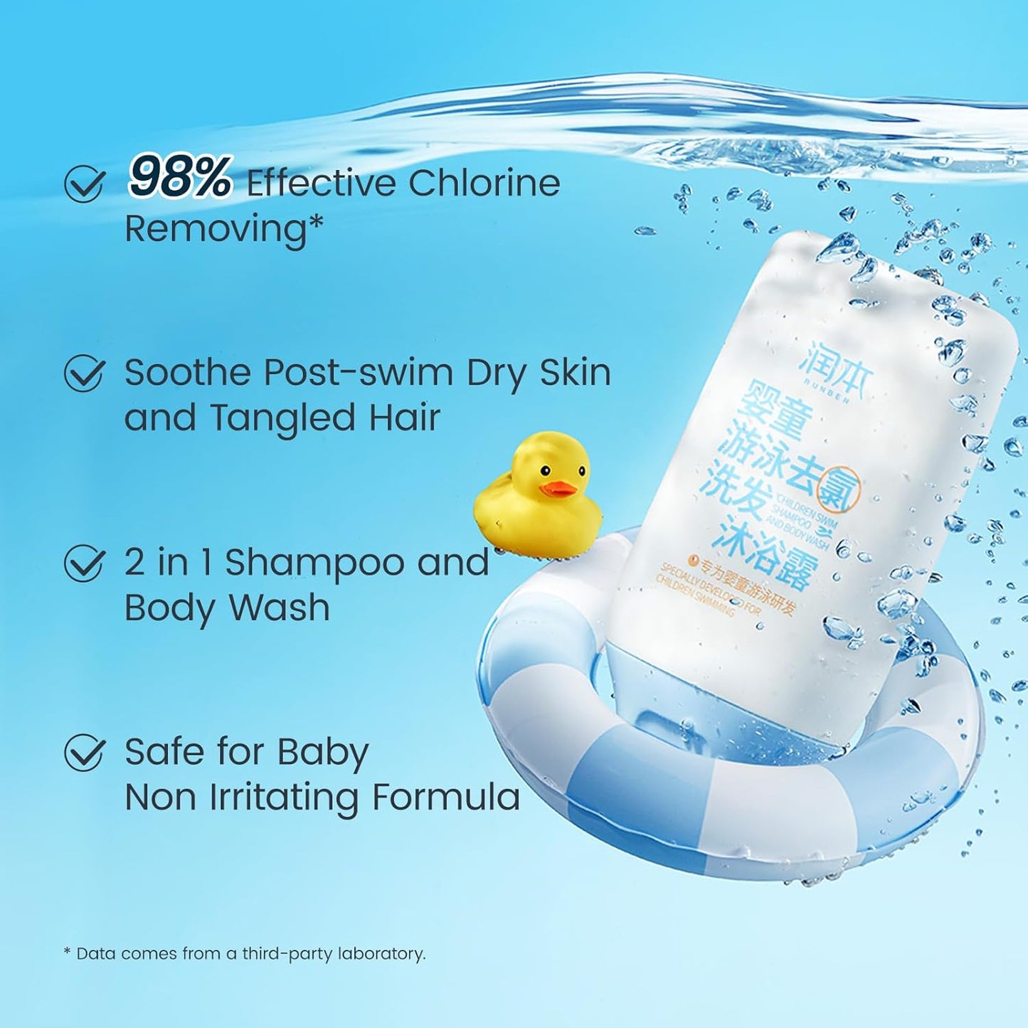 RUNBEN Kids Swim 2-in-1 Shampoo & Body Wash, After Swim Care for Baby, Chlorine Removal Wash for Swimmers, Hydrating & Gentle for Sensitive Skin, Specially Developed for Children Swimming, 3.35 oz