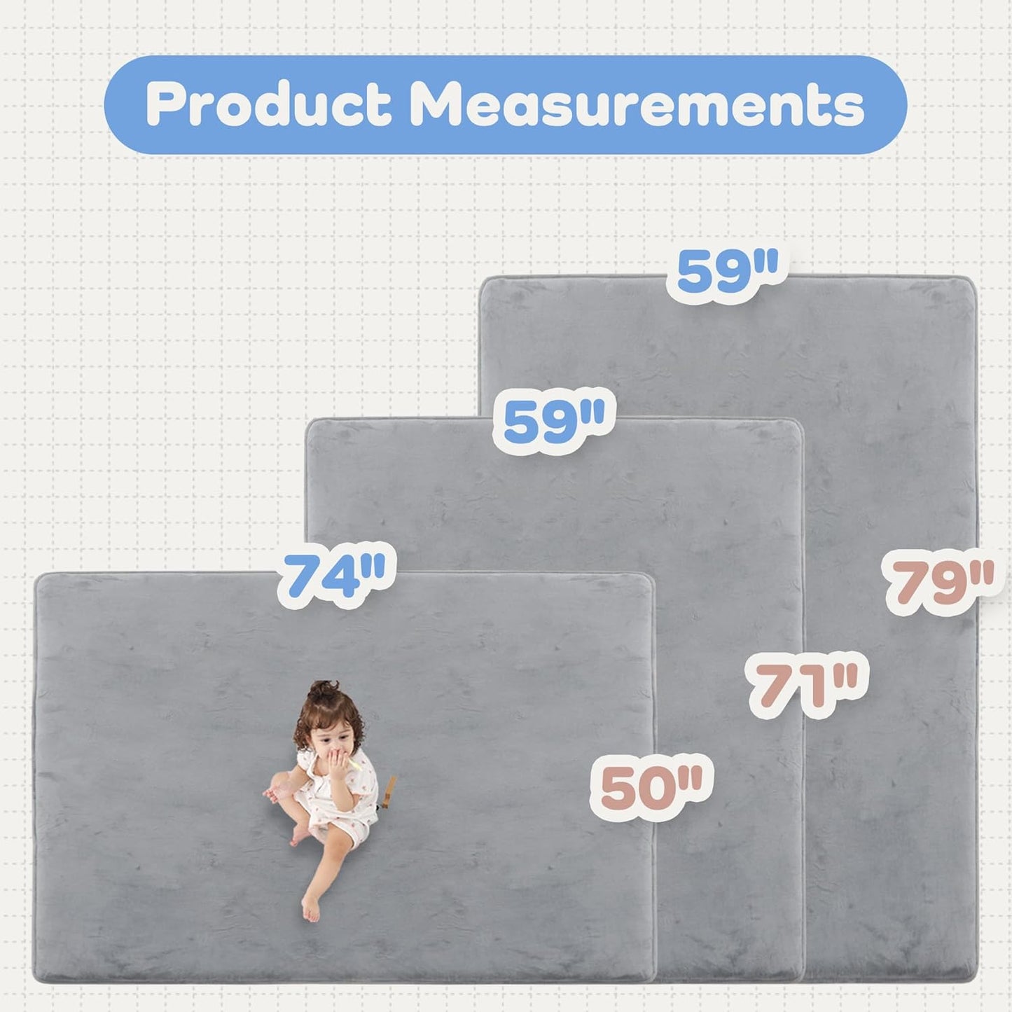 1.3" Thick Baby Floor Play Mat 59x79, Basic Padded Foam Mat for Tummy Time Crawling, Non Slip Cushioned for Babies Toddlers Infants Kids (Light Grey)
