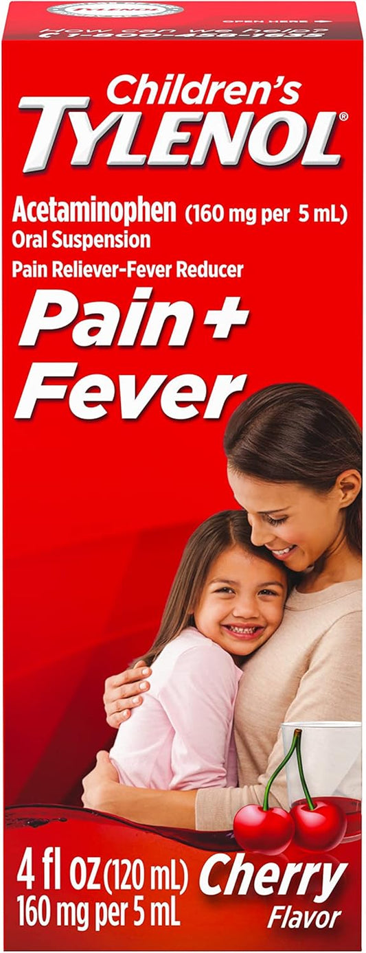 Children's Tylenol Liquid Oral Suspension Medicine, Acetaminophen Pain Reliever & Fever Reducer, Aspirin-, Ibuprofen- & Alcohol-Free, Cherry, 4 Fl. Oz