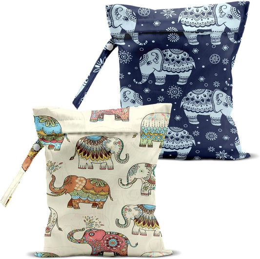 Elephant Gifts for Women, 2Pcs Elephant Print Wet Bags, Wet Dry Bag Reusable Zipper Pouch for Swimsuit, Diapers, Pool, Beach, Dirty Yoga Gym Clothes, Toiletries, Waterproof Birthday Gifts