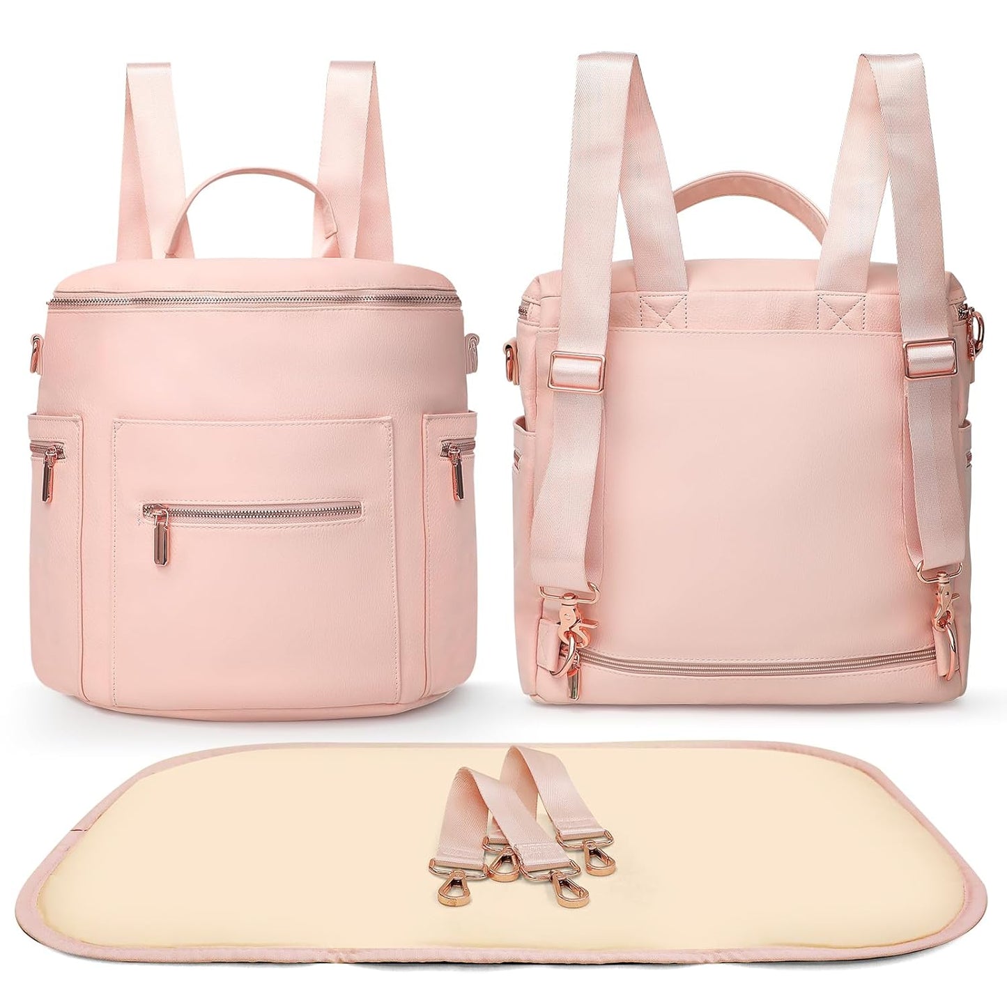 miss fong Pink Diaper Bag Backpack Baby Diaper Bag, Large Leather Diaper Backpack with 16 Pockets Travel Diaper Bag with Diaper Changing Pad,Pink Baby Backpack Stroller Straps & 2 Insulated Pockets