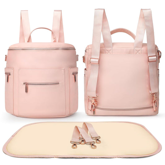 miss fong Pink Diaper Bag Backpack Baby Diaper Bag, Large Leather Diaper Backpack with 16 Pockets Travel Diaper Bag with Diaper Changing Pad,Pink Baby Backpack Stroller Straps & 2 Insulated Pockets
